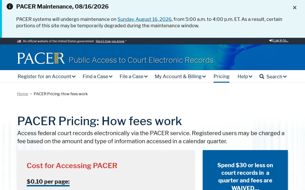 Geneva County federal case search PACER fee information