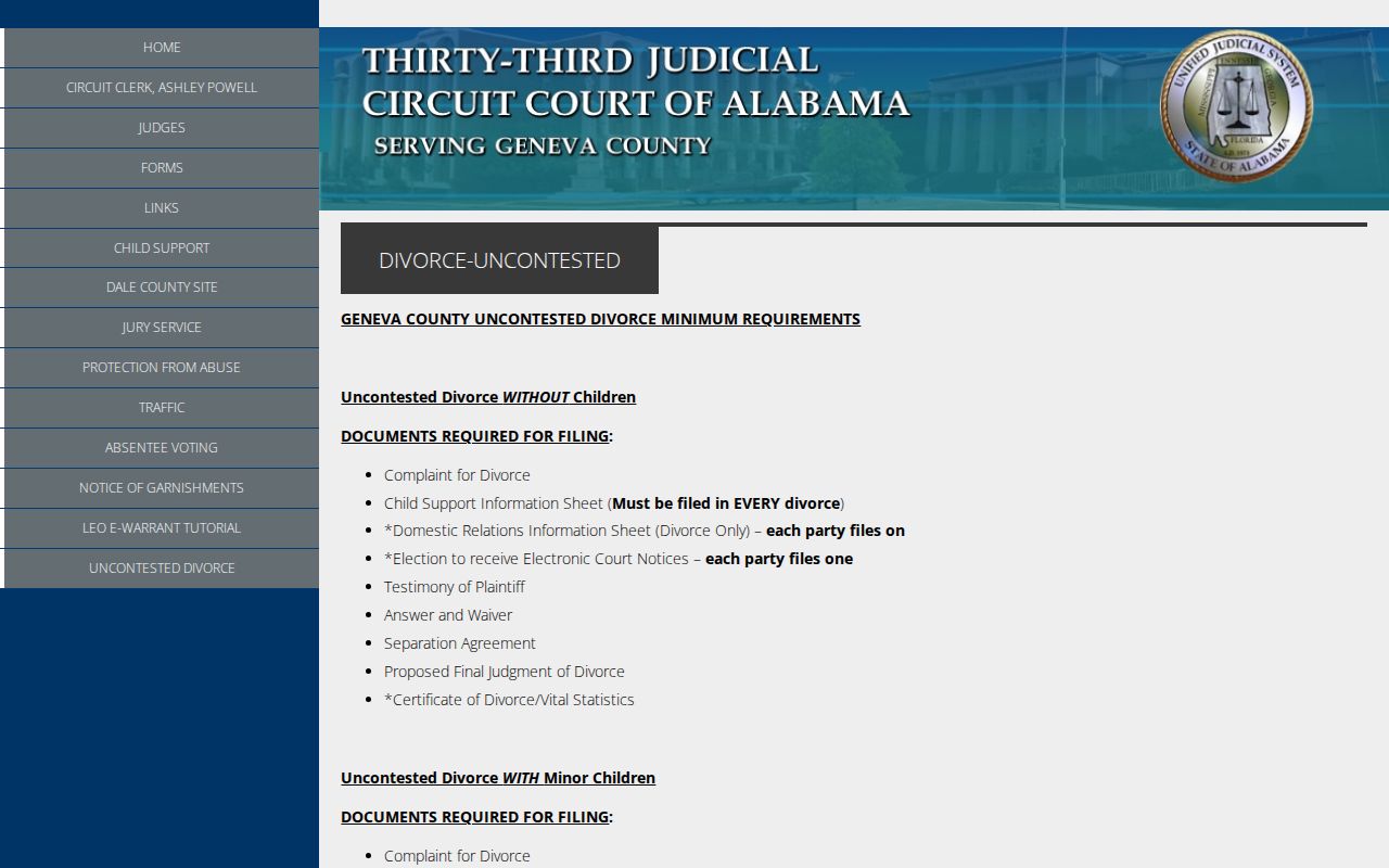 Geneva County civil docket uncontested divorce materials